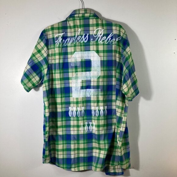 Mens Raw Blue Fearless Rebel Shirt Button Plaid Short Sleeve Embroidered 2XL - Picture 2 of 9